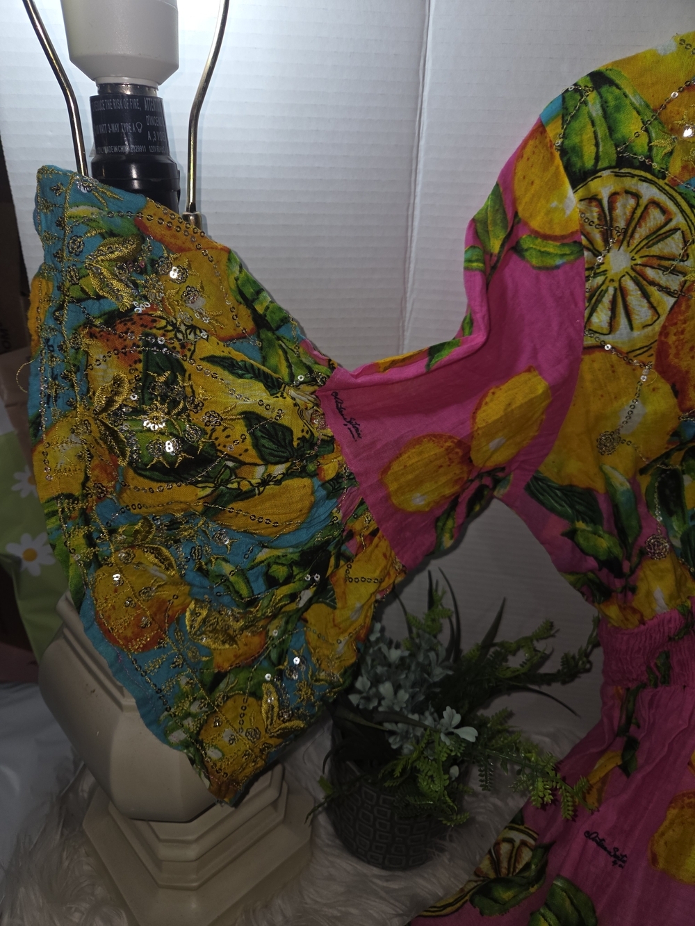 Giacomo Cinque Sequin Vibrant Pink Lemon-Print Mini Dress with Tassel Tie - Picture 7 of 12